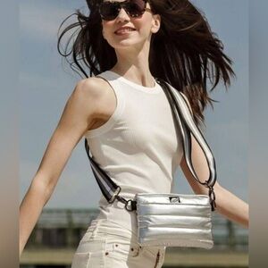 THINK ROLYN silver puff bum bag with multiple straps, wristlet, crossbody option
